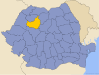 Carta administrativa de Romania amb lo comtat de Cluj mes en evidéncia