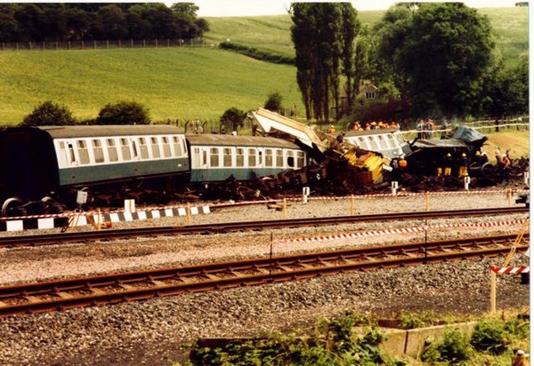 The aftermath of an intentional crash test of a nuclear flask train, 17 July 1984
