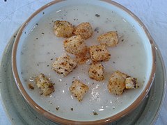 Croutons topping a cream soup