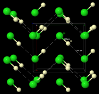 The structure of solid DCl, as determined by neutron diffraction of DCl powder at 77 K. DCl was used instead of HCl because the deuterium nucleus is easier to detect than the hydrogen nucleus. The extensible linear structure is indicated by the dashed lines.