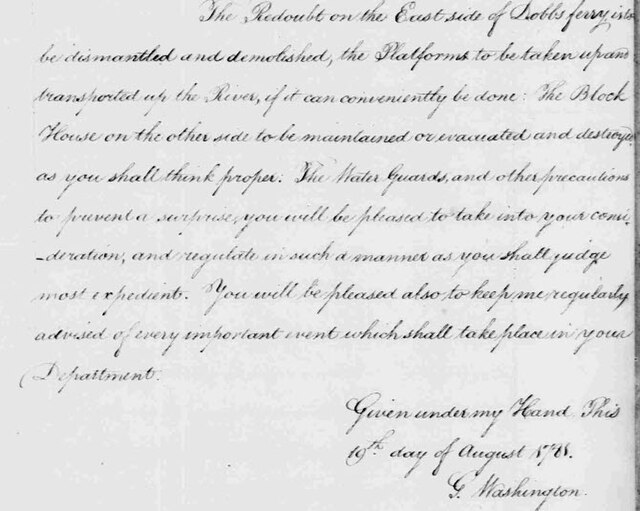 George Washington's 19 August 1781 order to dismantle fortifications at Dobbs Ferry