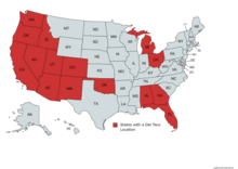 States with at least 1 Del Taco location as of January 2023 DelTacoMapUSA2023.png