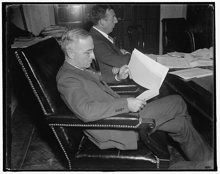 File:Denounced by rail executive. Washington, D.C., Oct. 28. Senator Harry Truman of Missouri, acting Chairman of the Senate Rail Inquiry in the absence of Senator Burton K. Wheeler, was bitterly LCCN2016872494.jpg