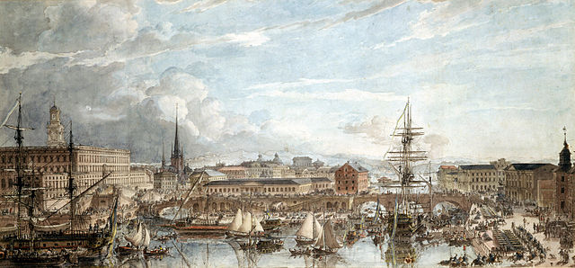 Swedish warships fitted out in Stockholm in 1788; watercolor by Louis Jean Desprez