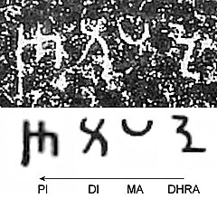 "Dhrama-Dipi" in Kharosthi script.