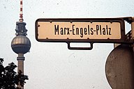 East Berlin street sign for Marx-Engels-Platz and television tower, 1984.jpg