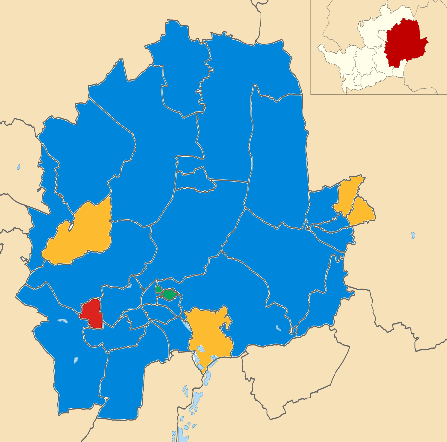 East Hertfordshire District Council ward map coloured by party which topped the poll in the 2019 elections. Blue = Conservative Party, Yellow = Liberal Democrat, Red = Labour Party, Green = Green Party