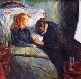 Edvard Munch, The Sick Child, 1907. 3rd in the series [9] Oil on canvas, 118 cm (46 in) x 120 cm (47 in) Thiel Gallery, Stockholm