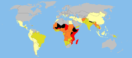 Map for child labour worldwide in the 10-14 age group, in 2003, per World Bank data. The data is incomplete, as many countries do not collect or report child labour data (coloured gray). The colour code is as follows: yellow (<10% of children working), green (10-20%), orange (20-30%), red (30-40%) and black (>40%). Some nations such as Guinea-Bissau, Mali and Ethiopia have more than half of all children aged 5-14 at work to help provide for their families. Enfants au travail dans le monde.png