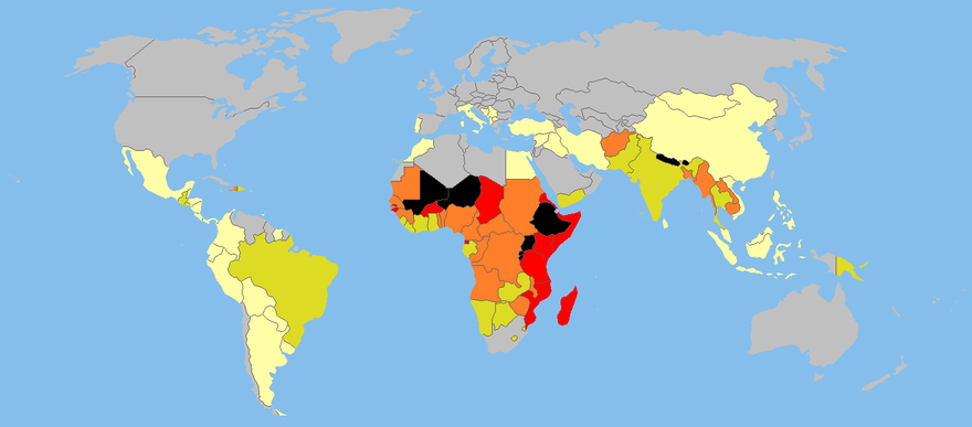 Map for child labour worldwide in the 10–14 age group, in 2003, per World Bank data.[46] The data is incomplete, as many countries do not collect or report child labour data (coloured gray). The colour code is as follows: yellow (<10% of children working), green (10–20%), orange (20–30%), red (30–40%) and black (>40%). Some nations such as Guinea-Bissau, Mali and Ethiopia have more than half of all children aged 5–14 at work to help provide for their families.[47]