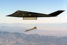 An F-117 conducts a live exercise bombing run using GBU-27 laser-guided bombs. F-117A GBU-28.JPEG