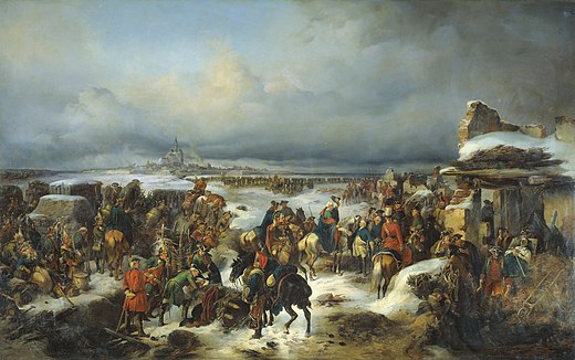 Defeated Prussians withdrawing as Russians take control of Kolberg, as depicted by Alexander von Kotzebue