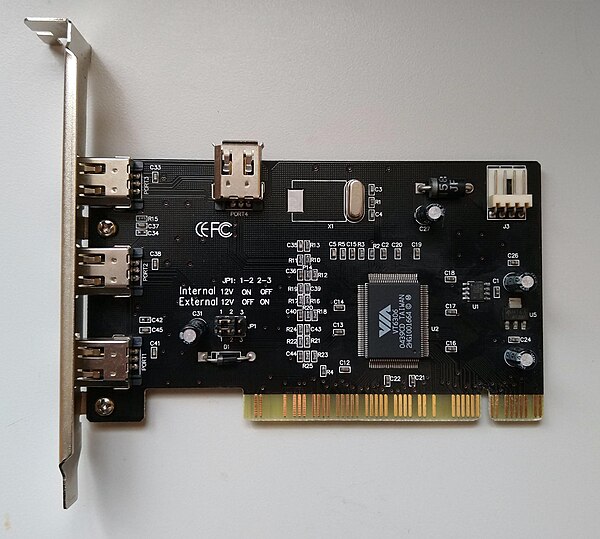 A PCI expansion card that contains four FireWire 400 connectors.