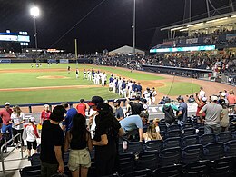 Hombres con uniformes de béisbol blancos celebrando en un campo de béisbol verde en la noche