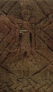 Figure carved on the Frankish grave stele of Konigswinter (seventh century), known as the earliest material witness of Christian presence in the German Rhineland; the figure is presumably a depiction of Christ as a heroic warrior wielding a lance, with a halo or crown of rays emanating from his head. Frankish depiction of Jesus.JPG