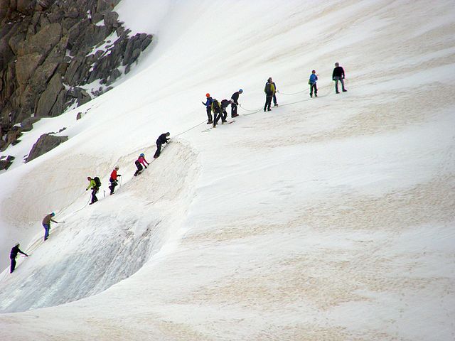 Glacier travel – beginners learning the ropes on the Aiguille des Grands Montets