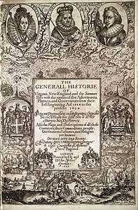 Generall Historie of Virginia, 1624 (depicts the arms of the Elizabeth I, James I, and Charles, Prince of Wales (later Charles I); the coats of arms of the Virginia Company, Plymouth Company and Somers Isles (Bermuda) Company and John Smith and parents)