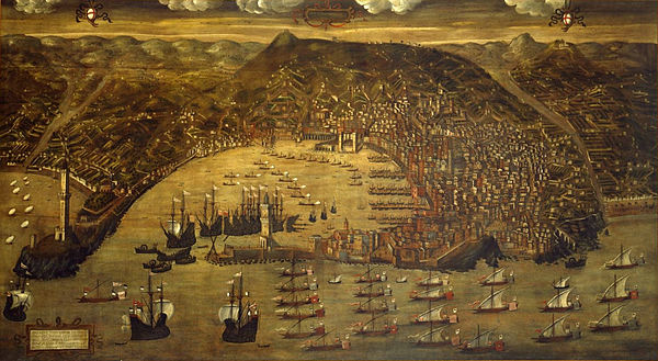 A view of Genoa and its fleet by Christoforo de Grassi (1597 copy, after a drawing of 1481); Galata Museo del Mare, Genoa.