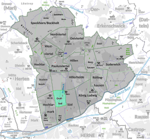 Carta panoramica Recklinghausen con Grullbad all'estremo sud