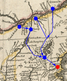 Detail from a 1719 map annotated to show the approximate routes taken (or planned) by French and Indian forces. Haverhill is marked in red, and the French and Indian routes and rendezvous points are marked in blue. HaverhillRaid1708.png