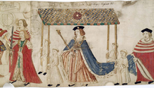 Henry VIII going to open Parliament (contemporary illustration: part of The Procession of Parliament 1512, a 18 ft (5.5 m) long vellum parchment roll). HenryVIII ParliamentProcessionRoll 1512.png