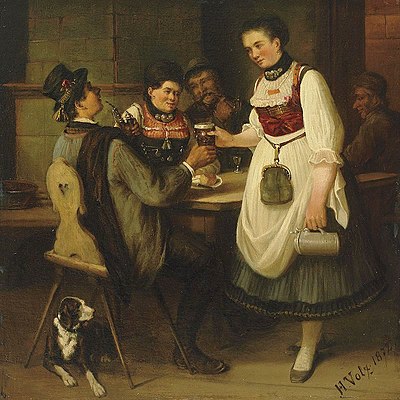Painting by Hermann Volz (1814–1894), Junge Schankmagd bringt Bier an den Stammtisch (Young barmaid bringing beer to the regulars), 1872