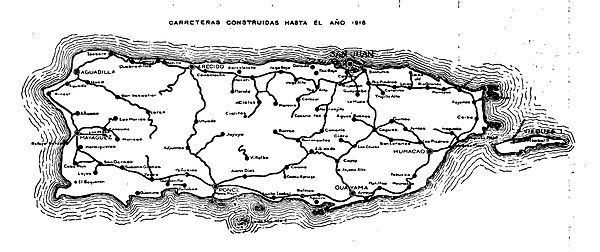 Highways in Puerto Rico by 1918, showing Villalba is not connected to its neighboring towns / municipalities