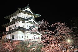 Vista notturna del castello di Hirosaki con fiori di ciliegio