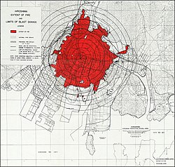 原爆被害分布図。赤色の「Extend of Fire」（焼失範囲）が示す通り比治山を境に被害の差が出ている。