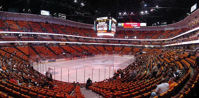 Panorama of Honda Center's interior before a 2007 playoff hockey game