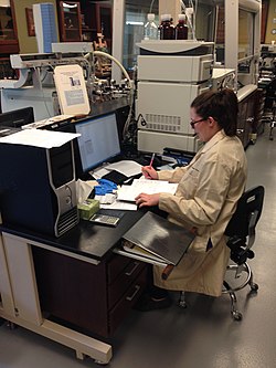 Conservation scientist using a liquid chromatograph-mass spectrometer at the Indianapolis Museum of Art. IMA Conservation Science.jpg