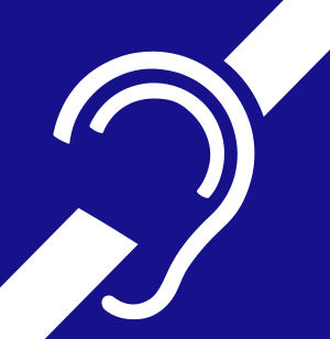 Una oreja blanca estilizada, con dos barras blancas rodeándola, sobre un fondo azul.