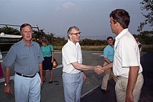 Bush greeting British Prime Minister John Major in 1991, along with his father, President George H. W. Bush Jeb Bush greets John Major.jpg