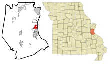 Gebieden met en zonder rechtspersoonlijkheid in Jefferson County Missouri Pevely Highlighted.svg