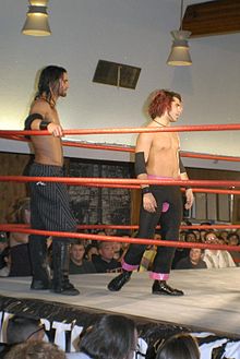 Tyler Black (left) and Jimmy Jacobs in the ring together prior to a tag team match Jimmy Jacobs and Tyler Black.jpg