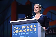 Hill speaking at the California Democratic Party State Convention (2019). Katie Hill (48002915261).jpg