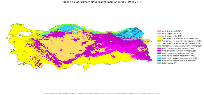 mapa da Turquia, aproximadamente um retângulo horizontal, mostrando um padrão complexo de tipos de clima, incluindo uma grande quantidade de frio, especialmente no norte e no leste