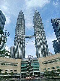 The Petronas Twin Towers located in Kuala Lumpur are currently the tallest-twin buildings in the world. Kuala Lumpur Twin Towers(2023).jpg