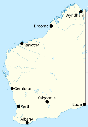 Map of Western Australia with the places listed in the table labelled Labelled map of Western Australia for Climate of Australia article.svg