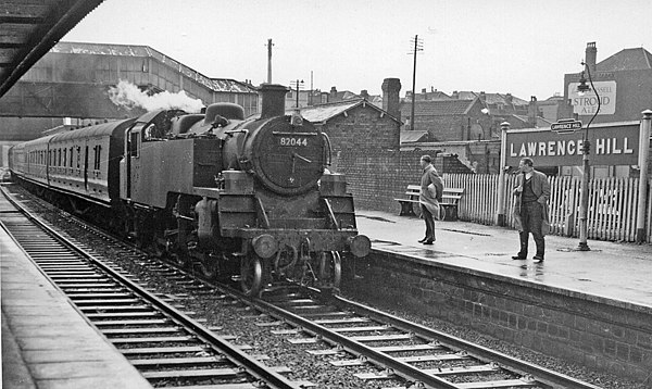 Temple Meads to Severn Beach train in 1958 headed by a BR Standard tank steam locomotive