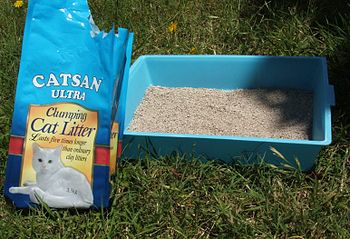 A basic litter box and a bag of litter