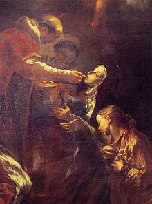 Tableau représentant un saint auréolé et chauve, donnant la communion à Thérèse agenouillée.