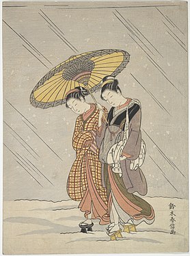 Suzuki Harunobu: Kaksi naista myrskyssä, 1764–72, 26.4 × 20.6 cm. Metropolitan Museum of Art, New York.[20]