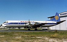 A Mandala Lockheed L-188 Electra at Perth Airport (early 1990s). Mandala Airlines Lockheed L-188A Electra PER Wheatley-1.jpg