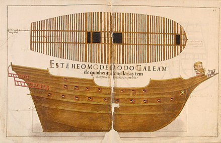 Technical drawing of a late 16th century or early 17th century Portuguese galleon, featured in the Livro de Traças de Carpintaria
