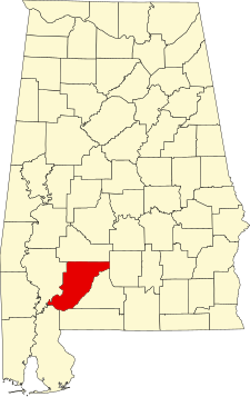 Location of Monroe County in Alabama Map of Alabama highlighting Monroe County.svg