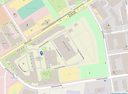 Map of the former Hindenburg Kaserne showing the Staatliche Feuerwehrschule Wurzburg and green space.