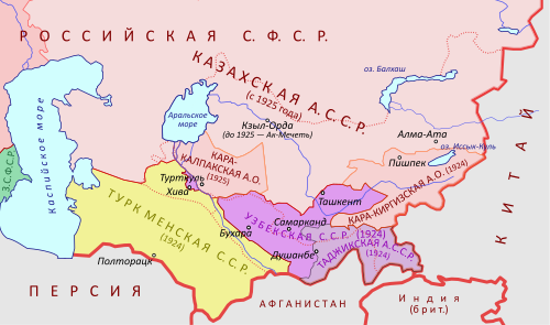 National delimitation of Central Asia; the Tajik ASSR is in light purple