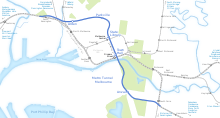 The map of the Metro Tunnel route through the Melbourne central business district. Melbourne Metro Rail Tunnel route map blue.svg