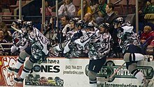 Players from the South Carolina Stingrays perform a line change. A line change is a substitution of an entire line at once. Military appreciation night South Carolina Stingrays.jpg